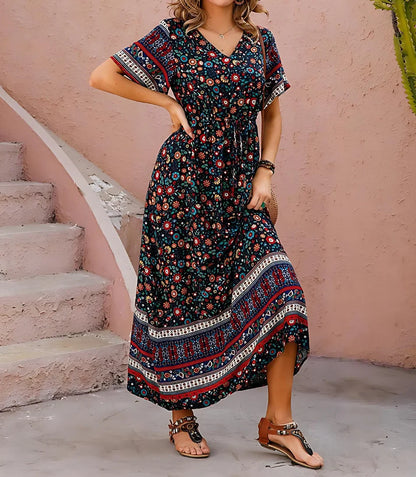 Vestido Boho Longo Estampado Manga Curta Decote V | Anaí