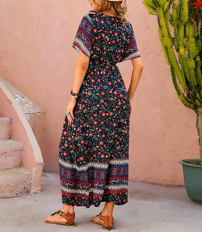 Vestido Boho Longo Estampado Manga Curta Decote V | Anaí