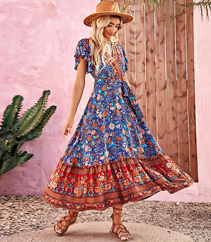 Vestido Boho Longo Estampado Manga Curta Decote V | Anaí