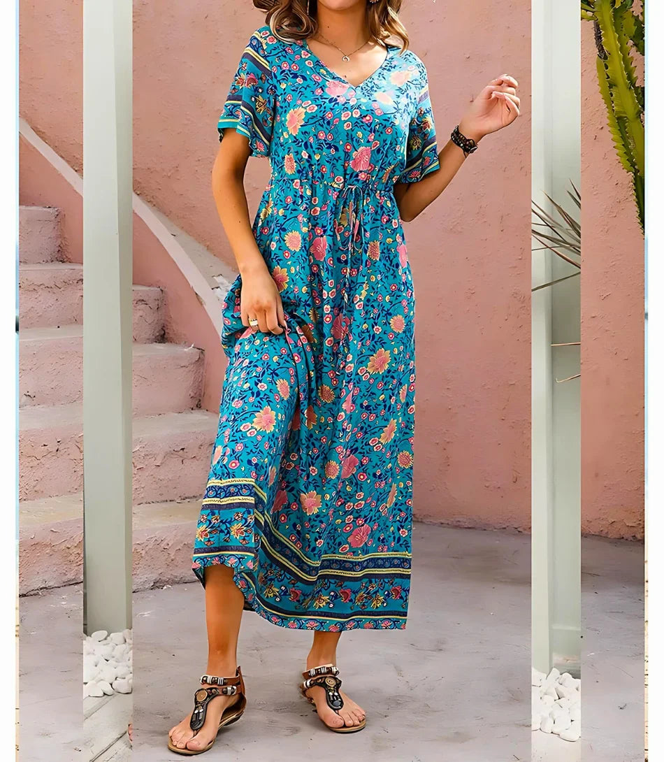 Vestido Boho Longo Estampado Manga Curta Decote V | Anaí