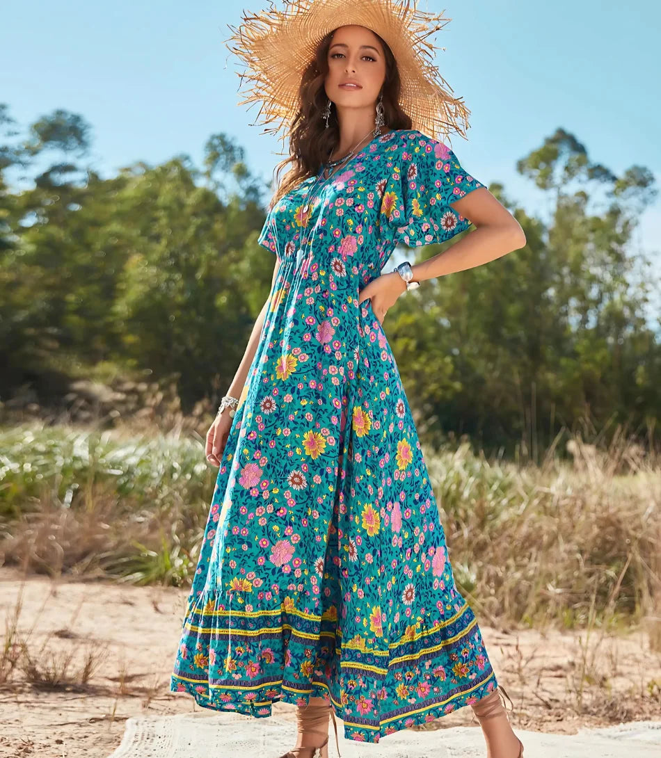 Vestido Boho Longo Estampado Manga Curta Decote V | Anaí