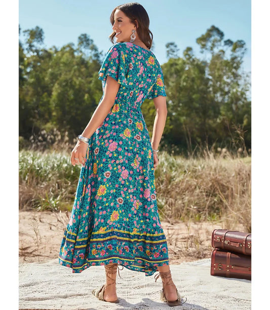 Vestido Boho Longo Estampado Manga Curta Decote V | Anaí